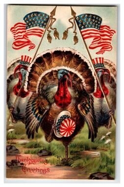 Patriotic Thanksgiving Turkeys Postcard Uncle Sam Hats American Flags 1910